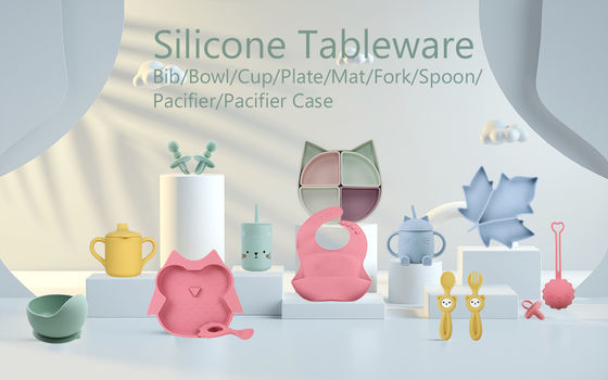 O bebê por atacado Geschirr conduziu desmamar o produto de alimentação do grupo dos utensílios de mesa do bebê do silicone da placa da bacia da colher da bacia da colher do babador do silicone