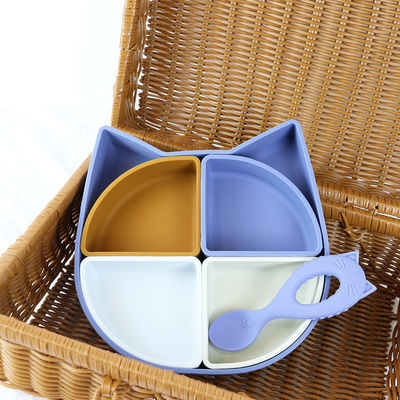 Conjunto de louça de silicone em forma de gato, prato de silicone dividido em forma de gato, colher em forma de gato, não tóxico, livre de BPA.
