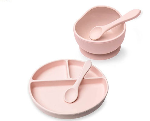 Conjunto de jantar de silicone de cor PANTONE personalizado 5 Pcs Conjunto de sucção de silicone de desmame de qualidade alimentar Material OEM ODM