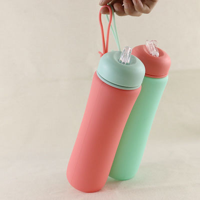 Garrafa de água reusável do silicone do verde do rosa para o OEM do curso dos esportes exteriores
