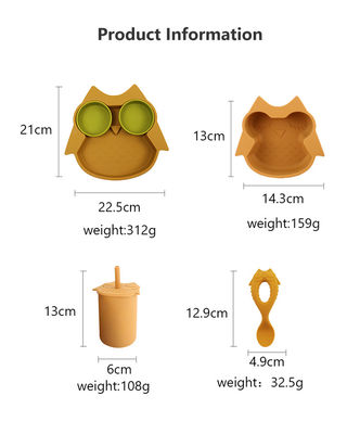 Os utensílios de mesa duravelmente macios do silicone ajustaram o babador do copo de Owl Plate Bowl Spoon Sippy