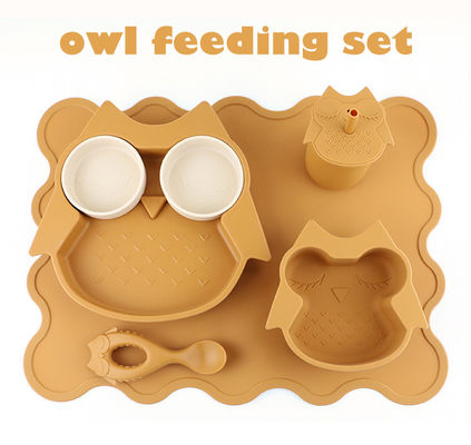Os utensílios de mesa duravelmente macios do silicone ajustaram o babador do copo de Owl Plate Bowl Spoon Sippy