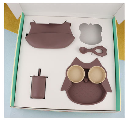 Os utensílios de mesa duravelmente macios do silicone ajustaram o babador do copo de Owl Plate Bowl Spoon Sippy