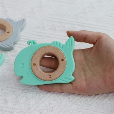 Dentes de bebê de silicone multifuncional com anel de madeira com padrão animal